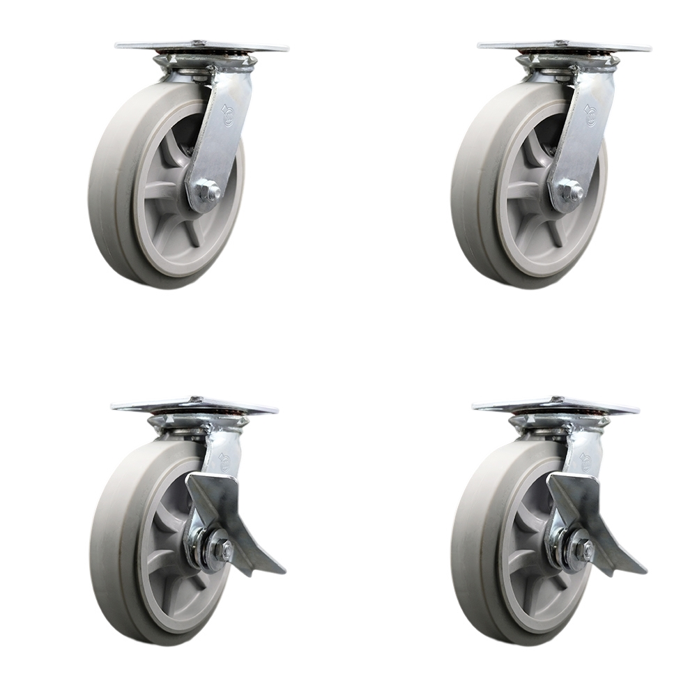 Heavy Duty Large Top Plate Thermo Rubber Flat Tread Swivel Caster Set of 4 w/8' x 2" Gray Wheels - Includes 2 Swivel with Brakes & 2 Swivel - 2400 lbs Total Capacity - Service Caster Brand — photo 1
