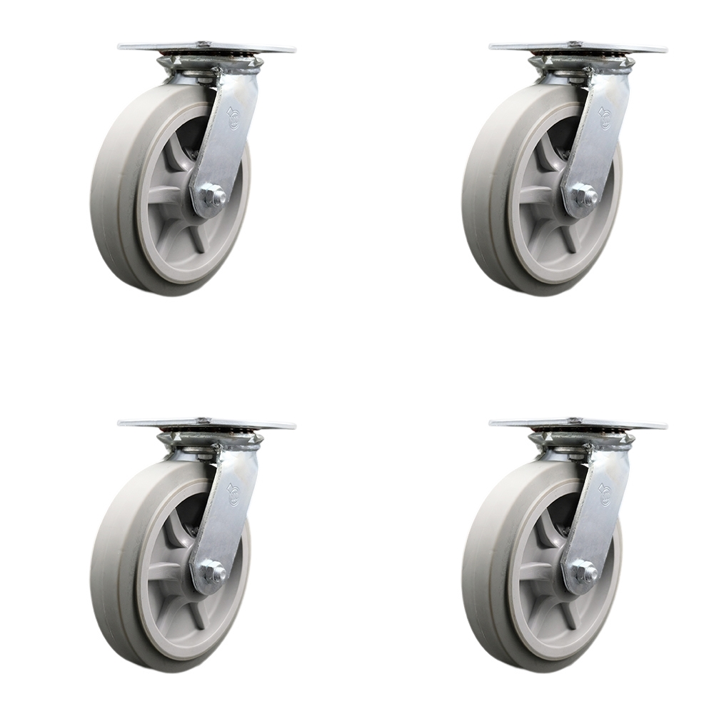 Heavy Duty Large Top Plate Thermo Rubber Flat Tread Swivel Caster Set of 4 w/8' x 2" Gray Wheels - Includes 4 Swivel - 2400 lbs Total Capacity - Service Caster Brand — photo 1