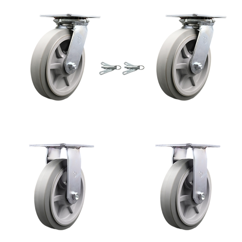Heavy Duty Large Top Plate Thermo Rubber Flat Tread Swivel Caster Set of 4 w/8' x 2" Gray Wheels - Includes 2 Swivel with Bolt on Swivel Locks & 2 Rigid - 2400lbs Total Capacity - Service Caster Brand — photo 1