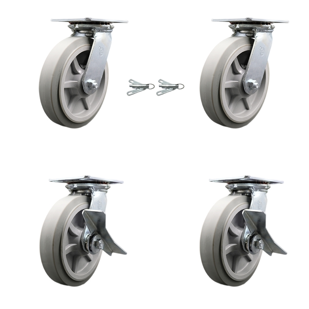 Heavy Duty Large Top Plate Thermo Rubber Flat Tread Swivel Caster Set of 4 w/8' x 2" Gray Wheels - Includes 2 Swivel with Bolt on Swvl Lcks&2 Swvl with Brakes-2400lbs Total Cpty - Service Caster Brand — photo 1