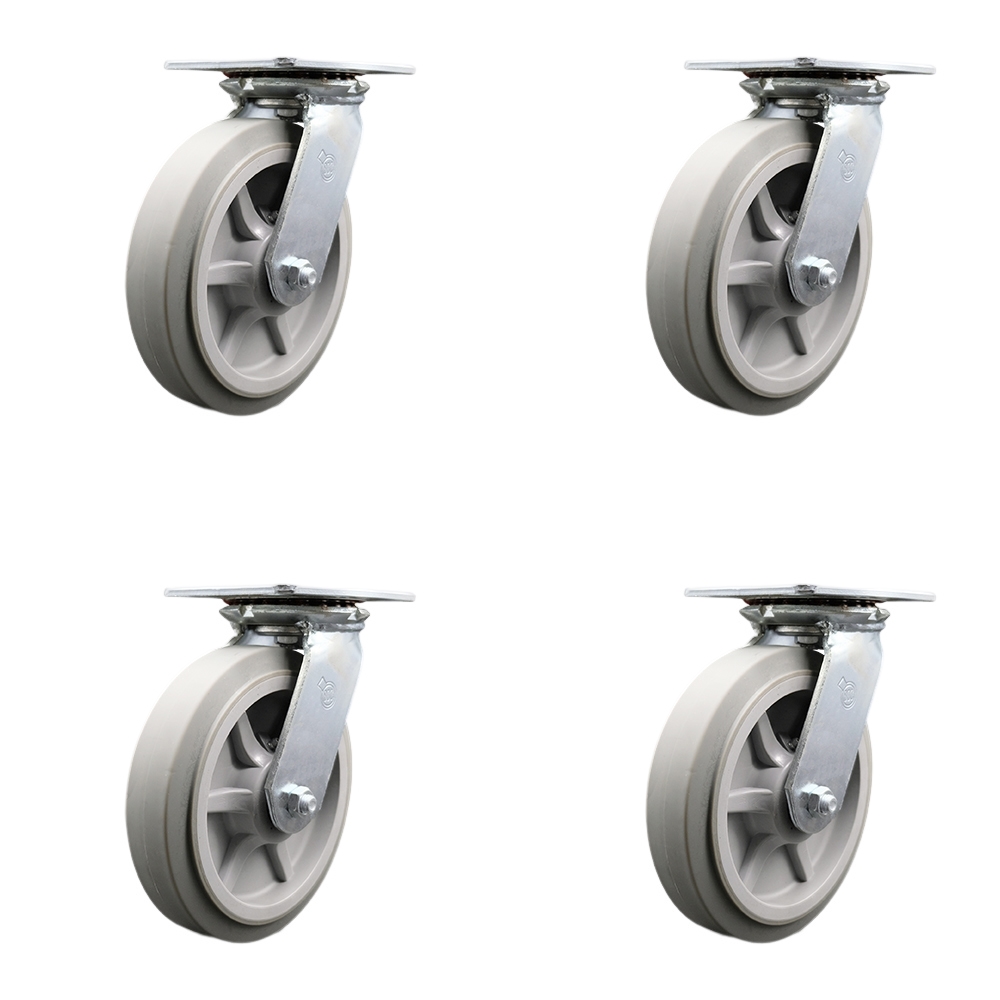 Heavy Duty Large Top Plate Thermo Rubber Flat Tread Swivel Caster w/Main. Free Bearings Set of 4 w/8" x 2" Gray Wheels-Includes 4 Swivel w/Bolt on Swivel Lcks-2400lbs Total Cpty - Service Caster Brand — photo 1