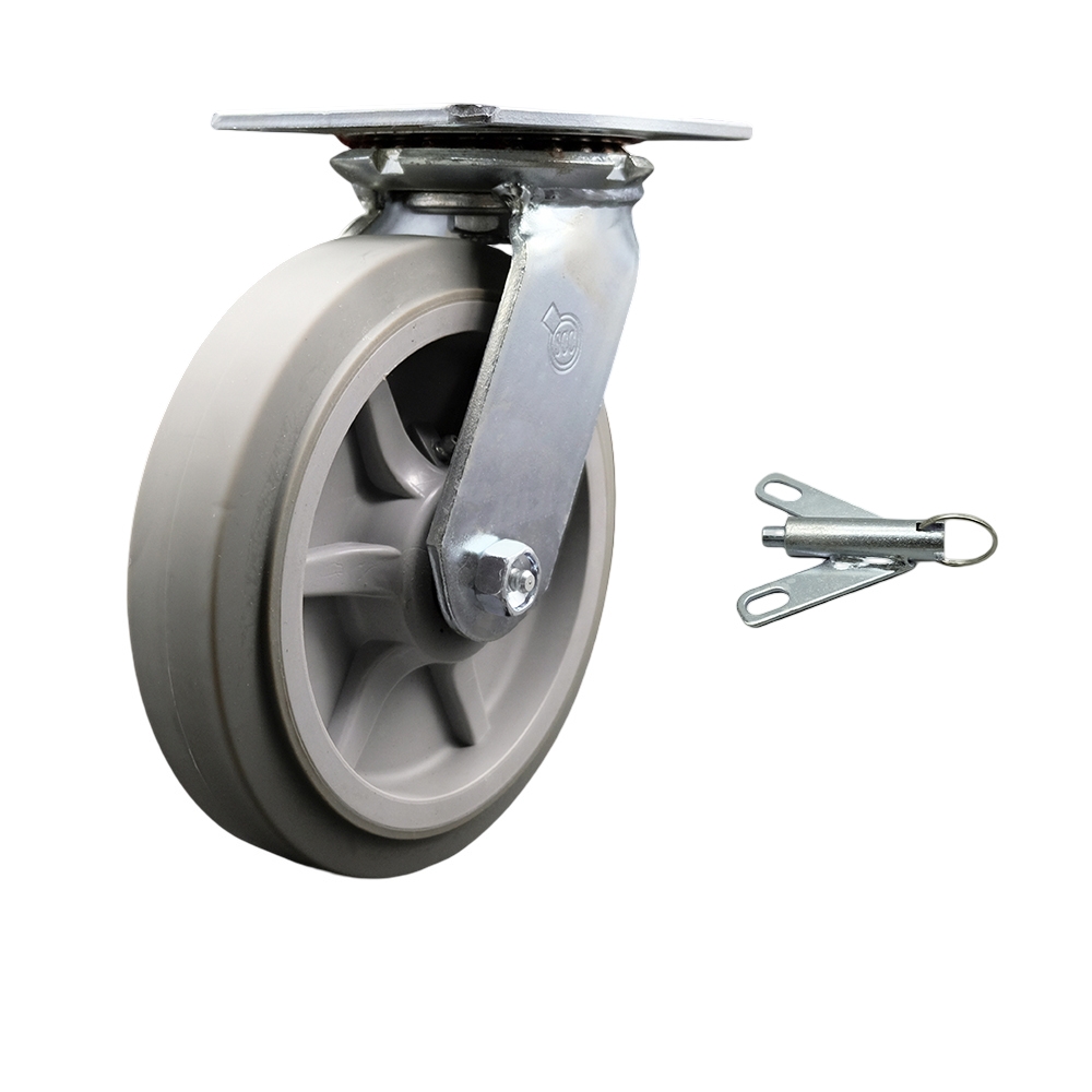 Heavy Duty Large Top Plate Thermo Rubber Flat Tread Swivel Caster w/Main. Free Bearings and 8' x 2" Gray Wheel & Bolt on Swivel Lock - 600 lbs Capacity/Caster - Service Caster Brand — photo 1