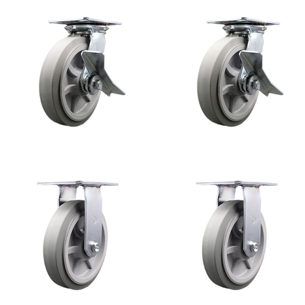 Heavy Duty Large Top Plate Thermo Rubber Flat Tread Swivel Caster w/Main. Free Bearings Set of 4 w/8" x 2" Gray Wheels - Includes 2 Swivel with Brakes&2 Rigid-2400lbs Total Cpty - Service Caster Brand — photo 1