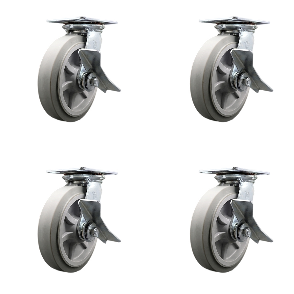 Heavy Duty Large Top Plate Thermo Rubber Flat Tread Swivel Caster Set of 4 w/8' x 2" Gray Wheels - Includes 4 Swivel w/Side Lck Brakes - 2400 lbs Total Capacity - Service Caster Brand — photo 1