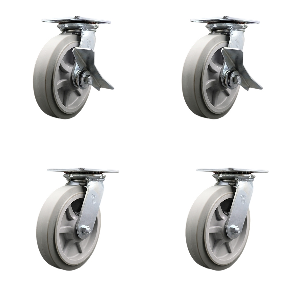 Heavy Duty Large Top Plate Thermo Rubber Flat Tread Swivel Caster Set 4 w/8'x2" Gray Wheel-Includes 2 Swvl w/BRKs and Bolt on Swvl Lck&2 Swvl w/Bolt on Swvl Lck-2400lbs Total Cpty-Service Caster Brand — photo 1