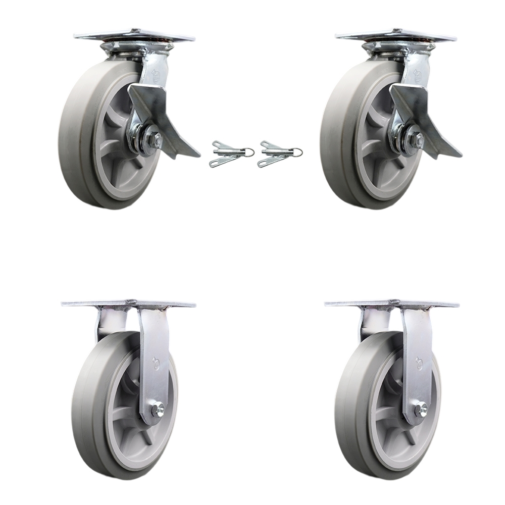 Heavy Duty Large Top Plate Thermo Rubber Flat Tread Swivel Caster Set of 4 w/8' x 2" Gray Wheels - Includes 2 Swivel with Brakes and Bolt on Swvl Lcks&2 Rigid-2400lbs Total Cpty - Service Caster Brand — photo 1