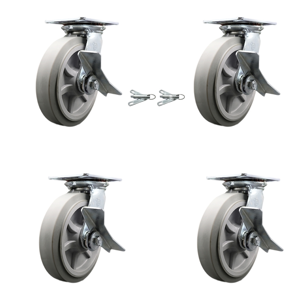 Heavy Duty Large Top Plate Thermo Rubber Flat Tread Swivel Caster Set 4 w/8' x 2" Gray Wheels-Includes 2 Swvl with Brakes and Bolt on Swvl Lcks&2 Swvl with BRKs-2400lbs Total Cpty-Service Caster Brand — photo 1