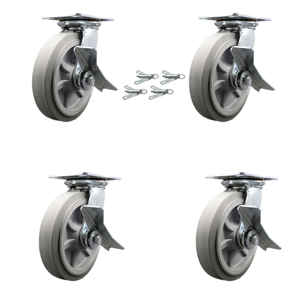 Heavy Duty Large Top Plate Thermo Rubber Flat Tread Swivel Caster Set of 4 w/8' x 2" Gray Wheels - Includes 4 Swivel w/Side Lck Brakes & Bolt on Swvl Lcks-2400lbs Total Capacity - Service Caster Brand — photo 1