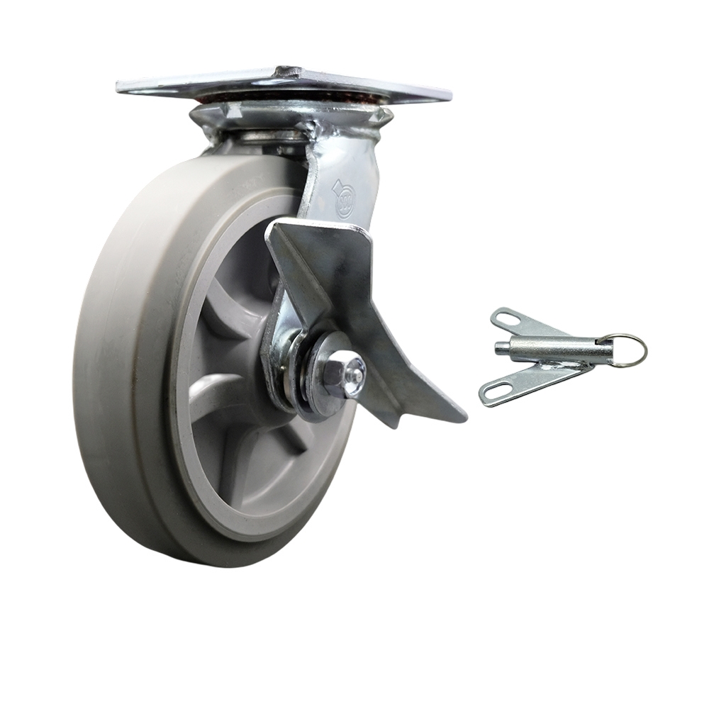 Heavy Duty Large Top Plate Thermo Rubber Flat Tread Swivel Caster w/Main. Free Bearings and 8' x 2" Gray Wheel & Side Lck Brake and Bolt on Swivel Lock - 600 lbs Capacity/Caster - Service Caster Brand — photo 1