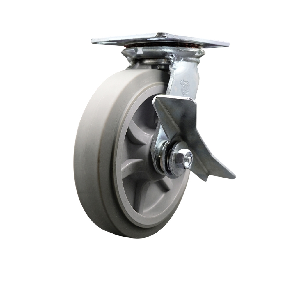 Heavy Duty Large Top Plate Thermo Rubber Flat Tread Swivel Caster w/8' x 2" Gray Wheel & Side Lck Brake - 600 lbs Capacity/Caster - Service Caster Brand — photo 1