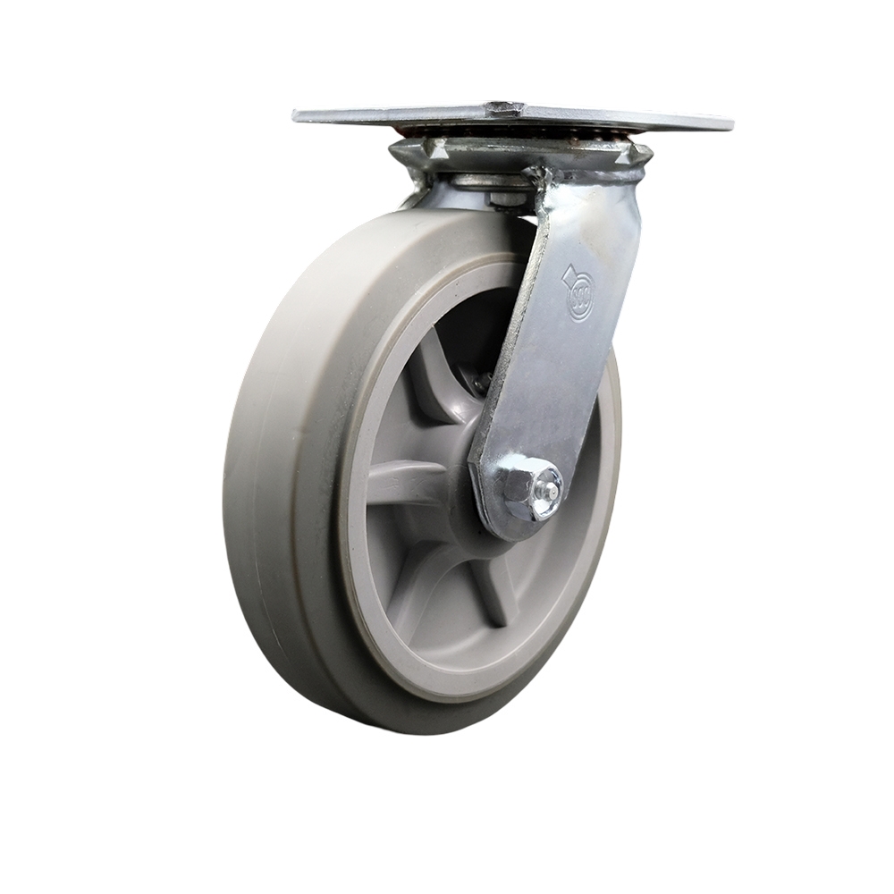 Heavy Duty Large Top Plate Thermo Rubber Flat Tread Swivel Caster w/Main. Free Bearings and 8' x 2" Gray Wheel - 600 lbs Capacity/Caster - Service Caster Brand — photo 1