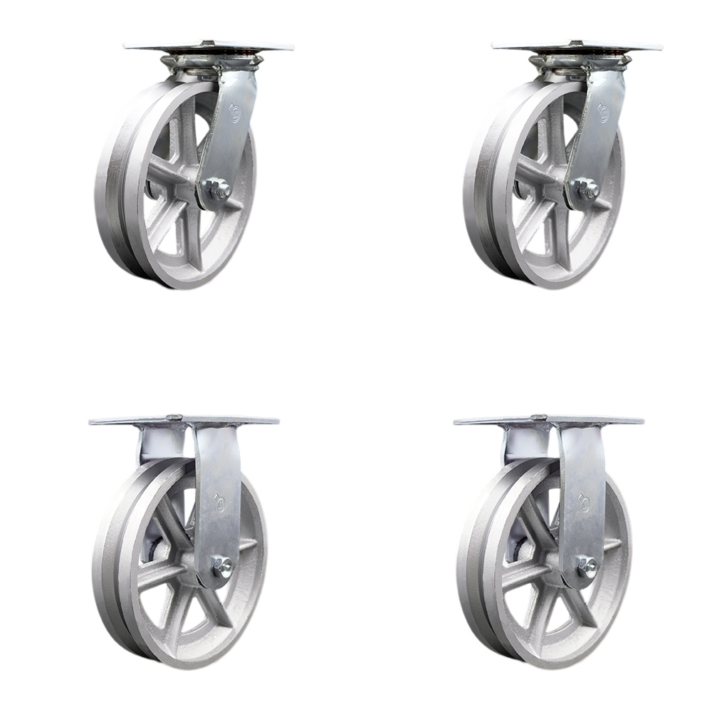 Heavy Duty Large Top Plate V Groove Semi Steel Swivel Caster w/Main. Free Bearings Set of 4 w/8" x 2" Silver Wheels - Includes 2 Swivel & 2 Rigid - 5000 lbs Total Capacity - Service Caster Brand — photo 1