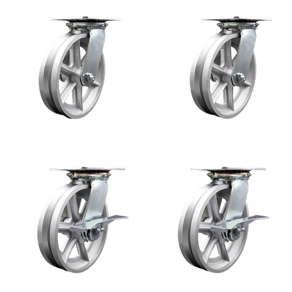 Heavy Duty Large Top Plate V Groove Semi Steel Swivel Caster Set of 4 w/8" x 2" Silver Wheels - Includes 2 Swivel with Brakes & 2 Swivel - 5000 lbs Total Capacity - Service Caster Brand — photo 1