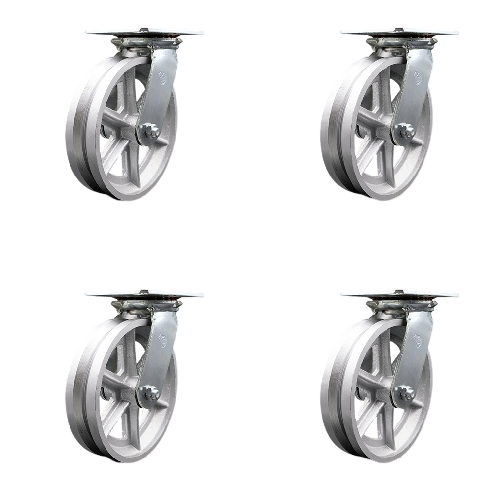 Heavy Duty Large Top Plate V Groove Semi Steel Swivel Caster Set of 4 w/8" x 2" Silver Wheels - Includes 4 Swivel - 5000 lbs Total Capacity - Service Caster Brand — photo 1