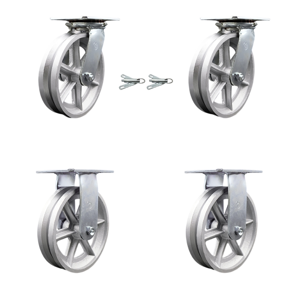 Heavy Duty Large Top Plate V Groove Semi Steel Swivel Caster w/Main. Free Bearings Set of 4 w/8" x 2" Silver Wheels - Includes 2 Swivel with Bolt on Swivel Locks & 2 Rigid - Service Caster Brand — photo 1