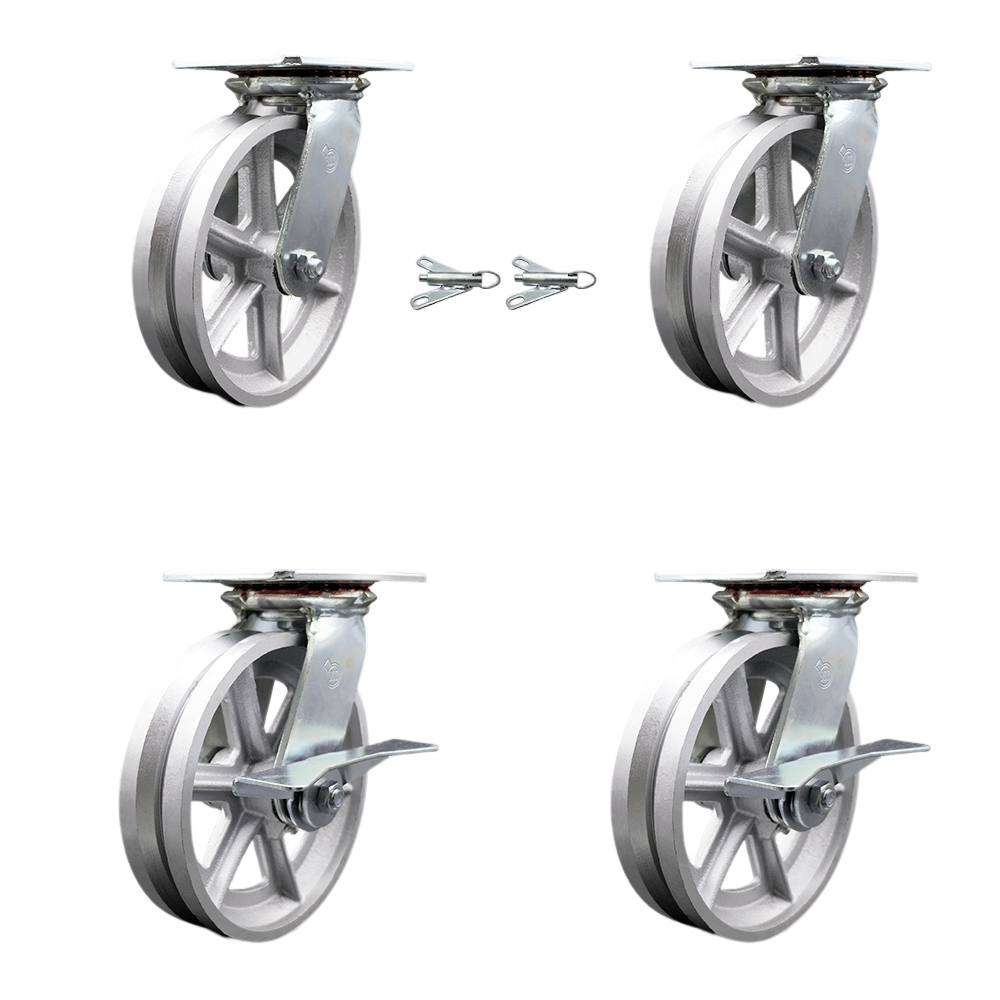 Heavy Duty Large Top Plate V Groove Semi Steel Swivel Caster w/Main. Free Bearings Set of 4 w/8" x 2" Silver Wheels-Includes 2 Swivel with Bolt on Swivel Locks&2 Swvl with Brakes- Service Caster Brand — photo 1