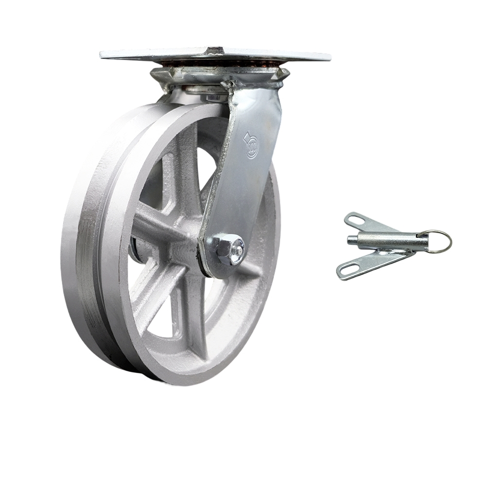 Heavy Duty Large Top Plate V Groove Semi Steel Swivel Caster w/Main. Free Bearings and 8" x 2" Silver Wheel & Bolt on Swivel Lock - 1250 lbs Capacity/Caster - Service Caster Brand — photo 1
