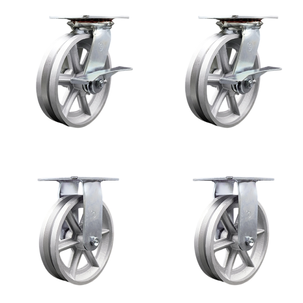 Heavy Duty Large Top Plate V Groove Semi Steel Swivel Caster Set of 4 w/8" x 2" Silver Wheels - Includes 2 Swivel with Brakes & 2 Rigid - 5000 lbs Total Capacity - Service Caster Brand — photo 1