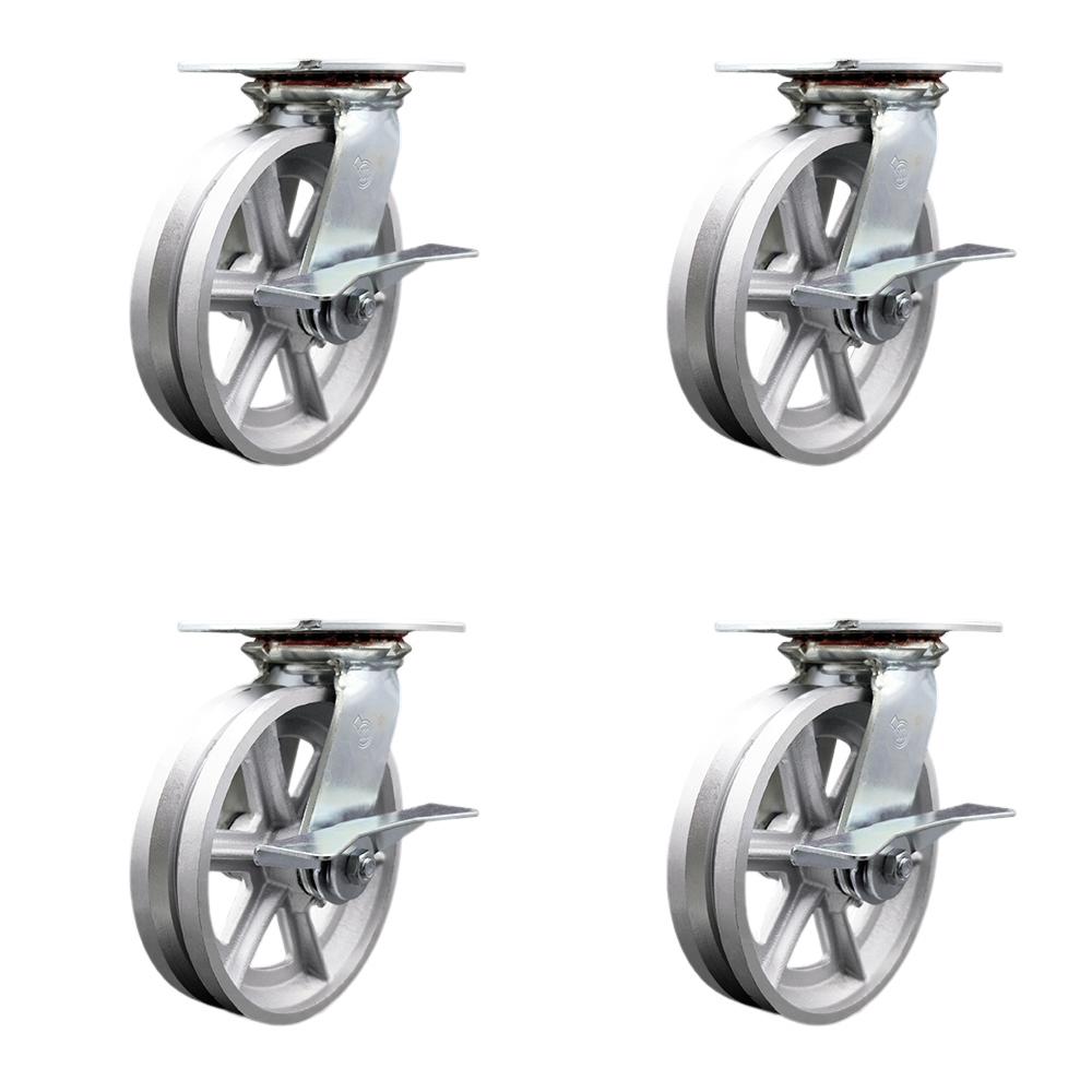 Heavy Duty Large Top Plate V Groove Semi Steel Swivel Caster Set of 4 w/8" x 2" Silver Wheels - Includes 4 Swivel w/Side Lck Brakes - 5000 lbs Total Capacity - Service Caster Brand — photo 1