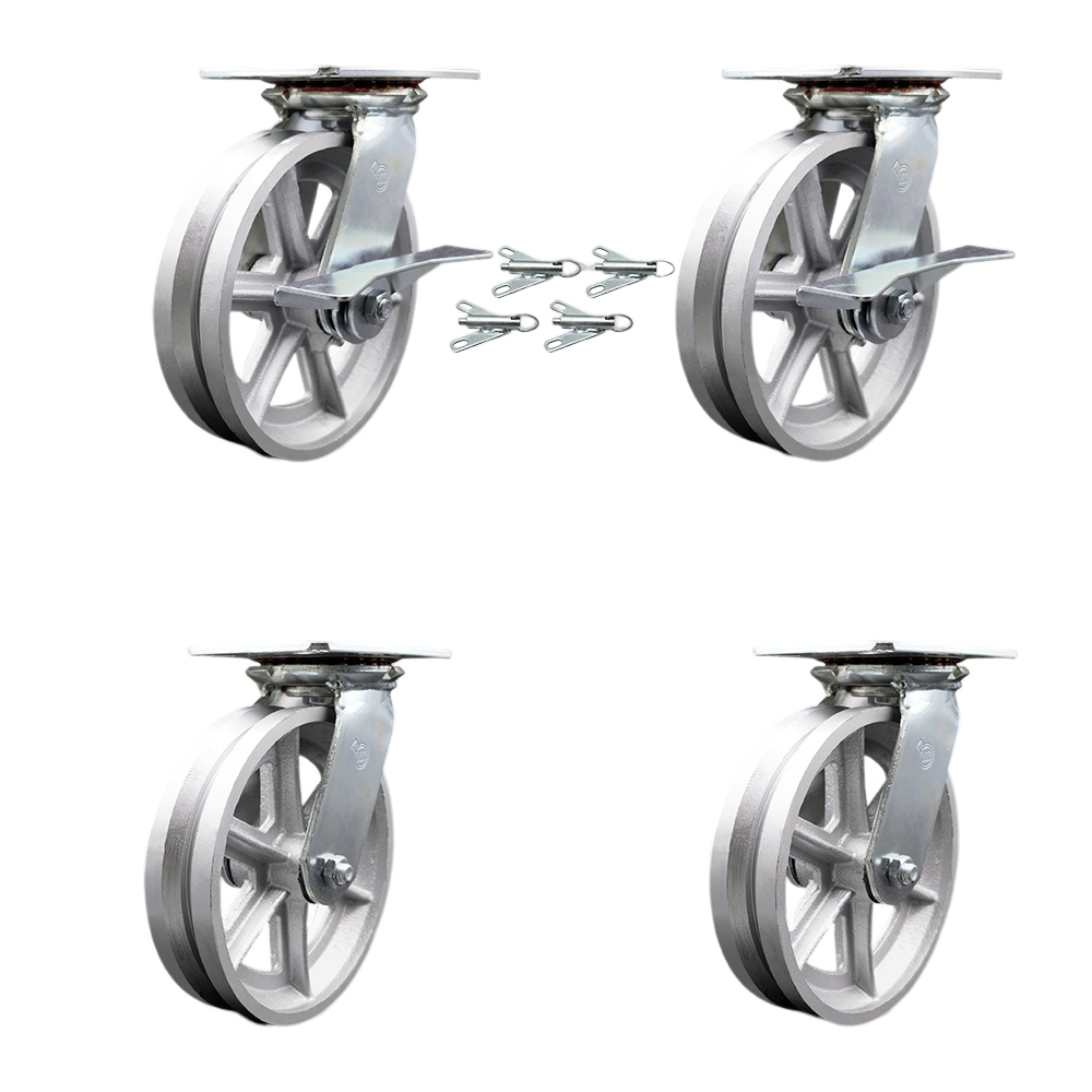 Heavy Duty Large Top Plate V Groove Semi Steel Swvl Caster w/Main. Free Bearings Set 4 w/8" x 2" Silver Wheel-Includes 2 Swvl w/BRK and Bolt on Swvl Lck&2 Swvl w/Bolt on Swvl Lck- Service Caster Brand — photo 1