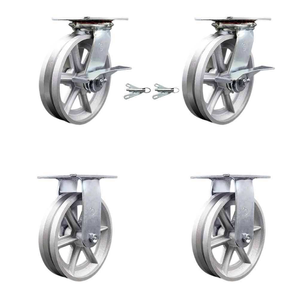 Heavy Duty Large Top Plate V Groove Semi Steel Swivel Caster w/Main. Free Bearings Set of 4 w/8" x 2" Silver Wheels - Includes 2 Swivel with Brakes and Bolt on Swvl Locks&2 Rigid- Service Caster Brand — photo 1