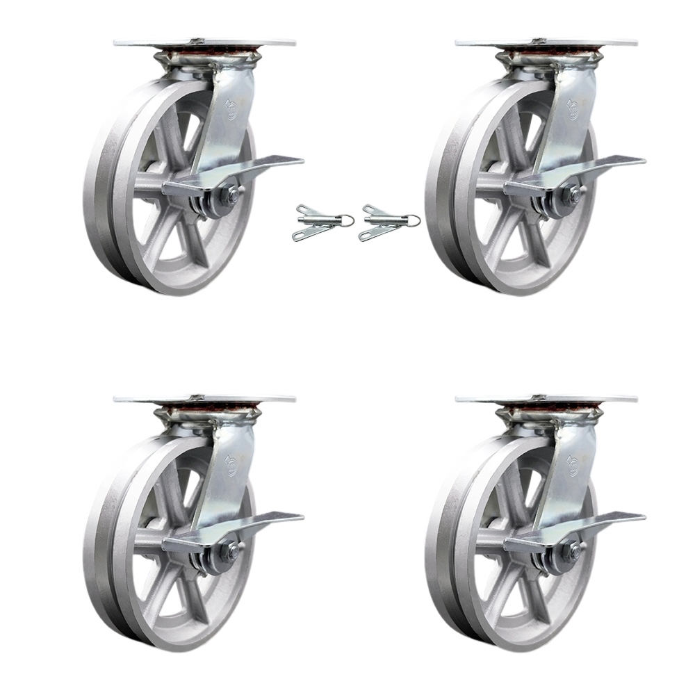 Heavy Duty Large Top Plate V Groove Semi Steel Swivel Caster w/Main. Free Bearings Set 4 w/8" x 2" Silver Wheels-Includes 2 Swvl with Brakes and Bolt on Swvl Lcks&2 Swvl with BRKs-Service Caster Brand — photo 1