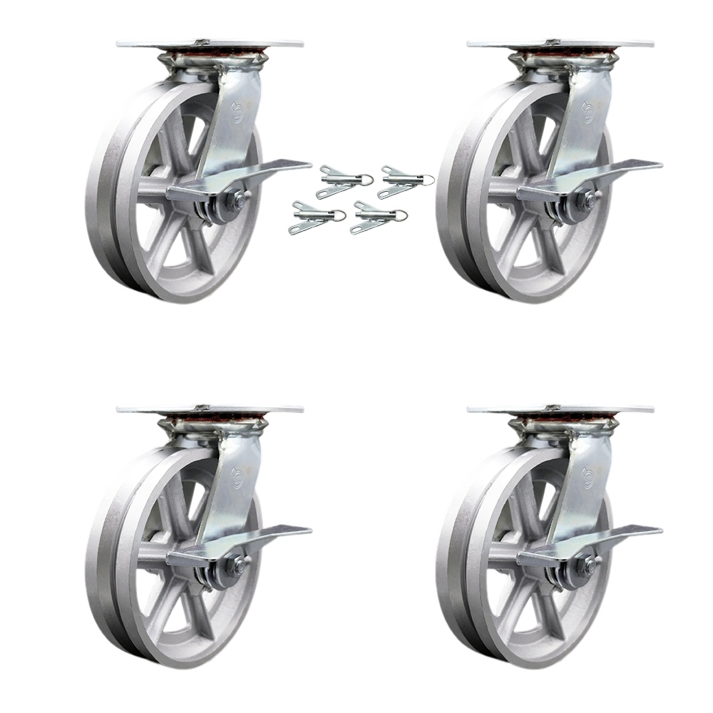 Heavy Duty Large Top Plate V Groove Semi Steel Swivel Caster w/Main. Free Bearings Set of 4 w/8" x 2" Silver Wheels - Includes 4 Swivel w/Side Lck Brakes & Bolt on Swivel Locks - Service Caster Brand — photo 1