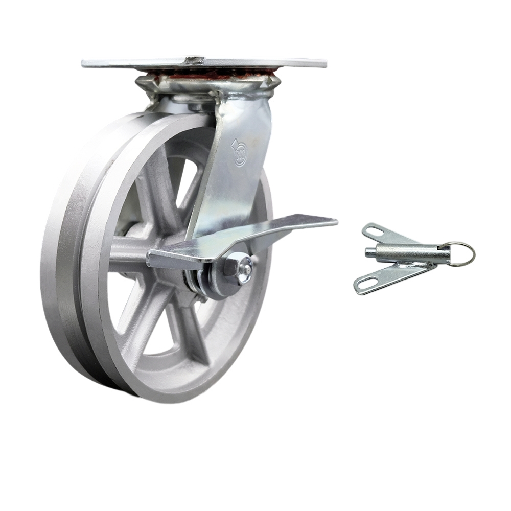 Heavy Duty Large Top Plate V Groove Semi Steel Swivel Caster w/Main. Free Bearings and 8" x 2" Silver Wheel & Side Lck Brake and Bolt on Swivel Lock - 1250 lbs Capacity/Caster - Service Caster Brand — photo 1