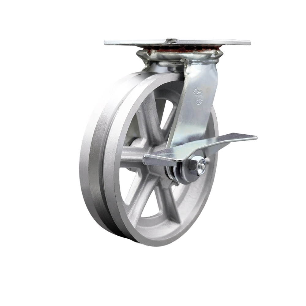 Heavy Duty Large Top Plate V Groove Semi Steel Swivel Caster w/Main. Free Bearings and 8" x 2" Silver Wheel & Side Lck Brake - 1250 lbs Capacity/Caster - Service Caster Brand — photo 1