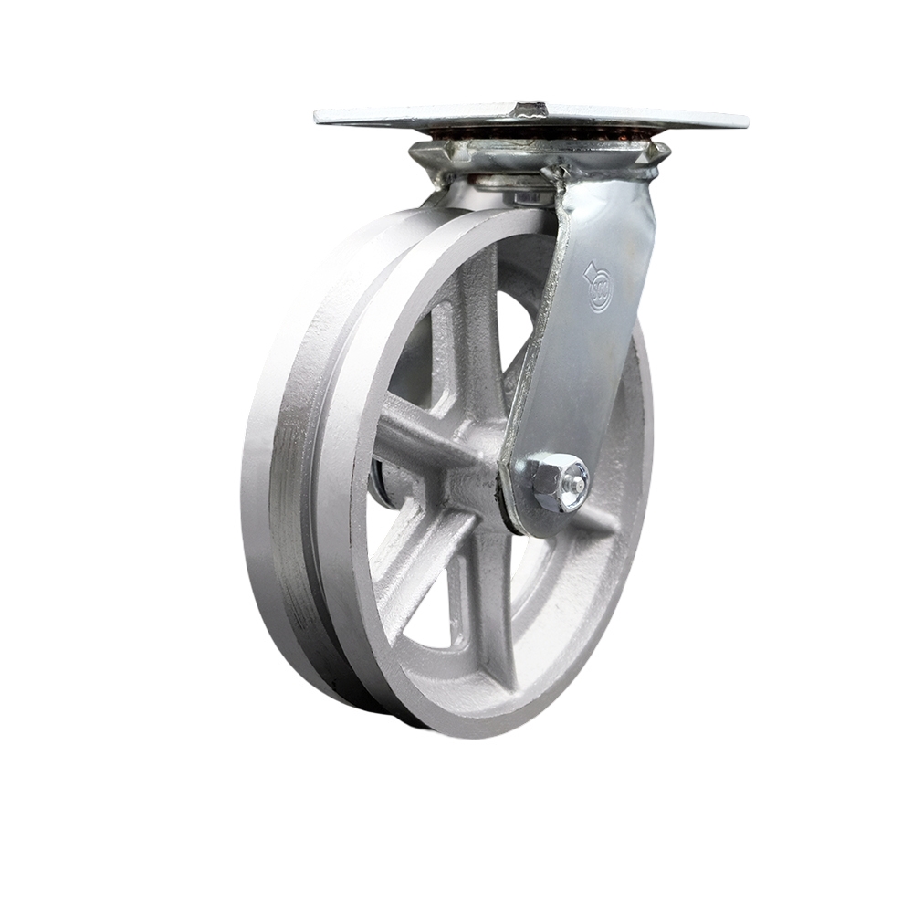 Heavy Duty Large Top Plate V Groove Semi Steel Swivel Caster w/8" x 2" Silver Wheel - 1250 lbs Capacity/Caster - Service Caster Brand — photo 1