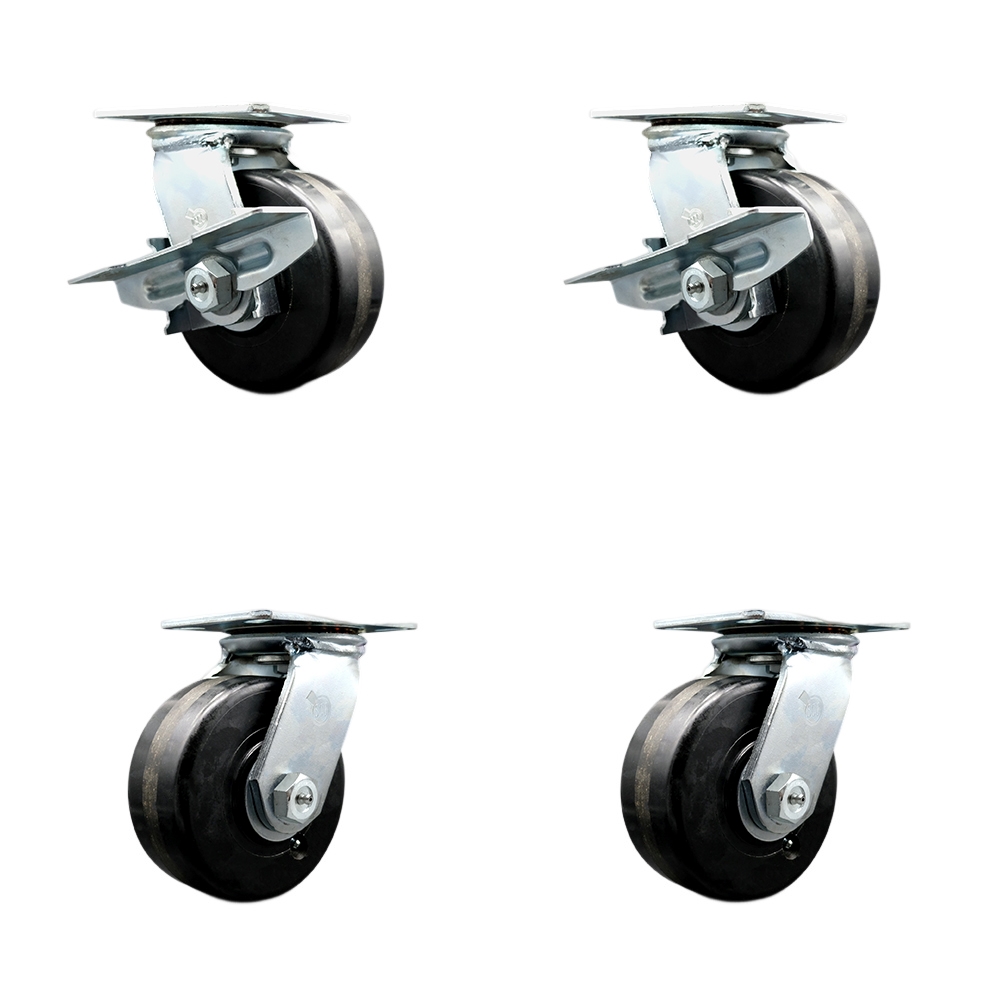 Heavy Duty Large Top Plate Phenolic Swivel Caster Set of 4 w/6" x 2.5" Black Wheels - Includes 2 Swivel with Brakes & 2 Swivel – 6,400lbs Total Cpty – Series 55 - Service Caster Brand — photo 1