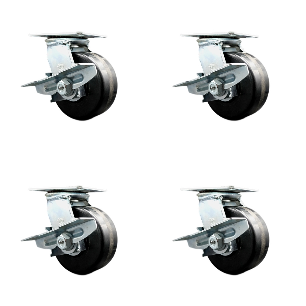 Heavy Duty Large Top Plate Phenolic Swivel Caster Set of 4 w/6" x 2.5" Black Wheels - Includes 4 Swivel w/Side Lock Brakes – 6,400lbs Total Capacity – Series 55 - Service Caster Brand — photo 1