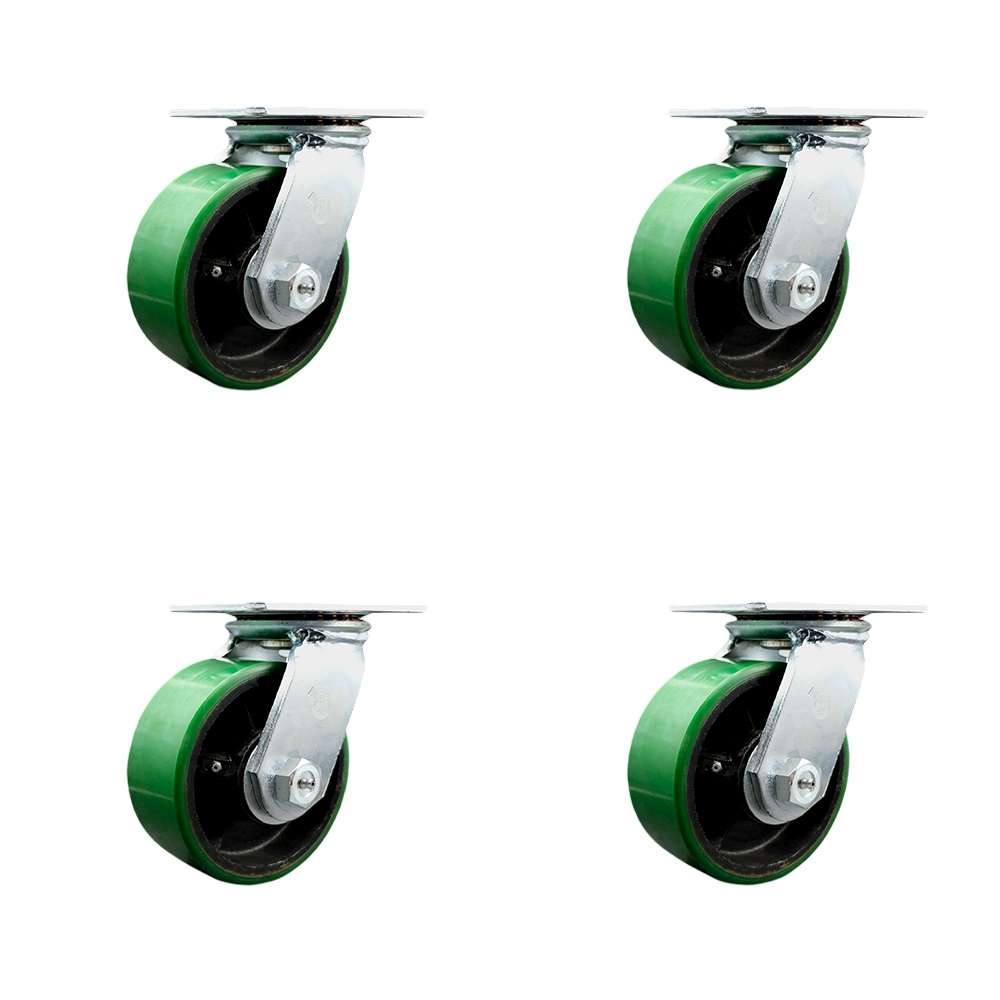 Heavy Duty Large Top Plate Polyurethane on Cast Iron Swivel Caster Set of 4 w/6" x 2.5" Green Wheels - Includes 4 Swivel – 6,400 lbs Total Capacity - Series 55 - Service Caster Brand — photo 1