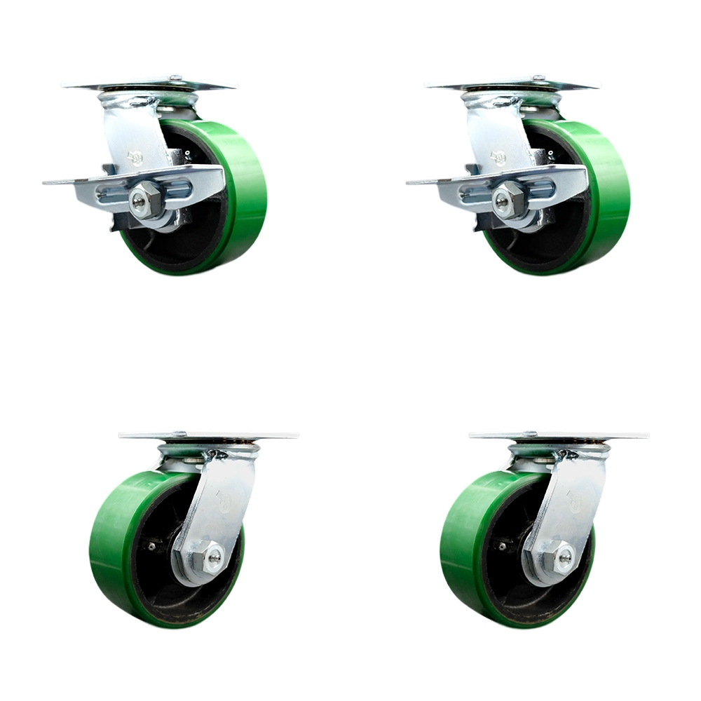 Heavy Duty Large Top Plate Polyurethane on Cast Iron Swivel Caster Set of 4 w/6" x 2.5" Green Wheels - Includes 2 Swivel with Brakes & 2 Swivel – 6,400lbs Total Cpty – Series 55 - Service Caster Brand — photo 1