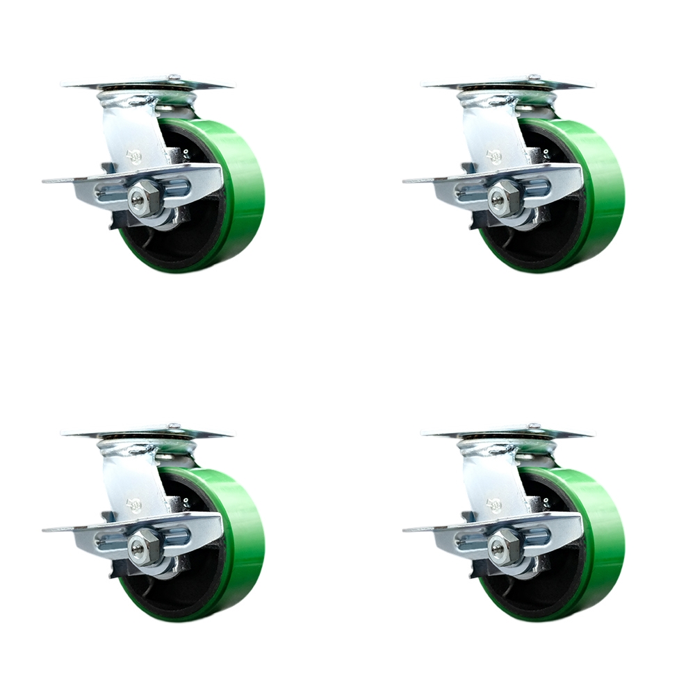 Heavy Duty Large Top Plate Polyurethane on Cast Iron Swivel Caster Set of 4 w/6" x 2.5" Green Wheels - Includes 4 Swivel w/Side Lock Brakes – 6,400lbs Total Capacity – Series 55 - Service Caster Brand — photo 1