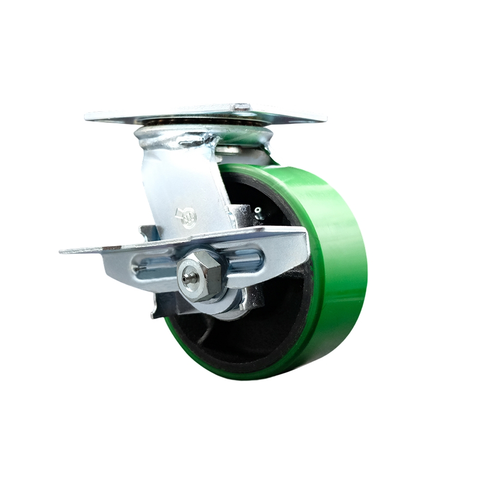 Heavy Duty Large Top Plate Polyurethane on Cast Iron Swivel Caster w/6" x 2.5" Green Wheel & Side Lock Brake – 1,600 lbs Capacity/Caster – Series 55 - Service Caster Brand — photo 1
