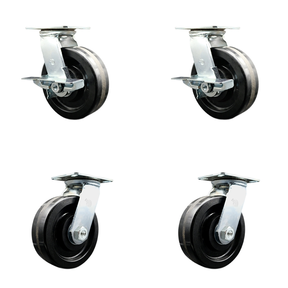 Heavy Duty Large Top Plate Phenolic Swivel Caster Set of 4 w/4" x 2" Black Wheels - Includes 2 Swivel with Brakes & 2 Swivel - 7,200 lbs Total Capacity - Series 55 - Service Caster Brand — photo 1