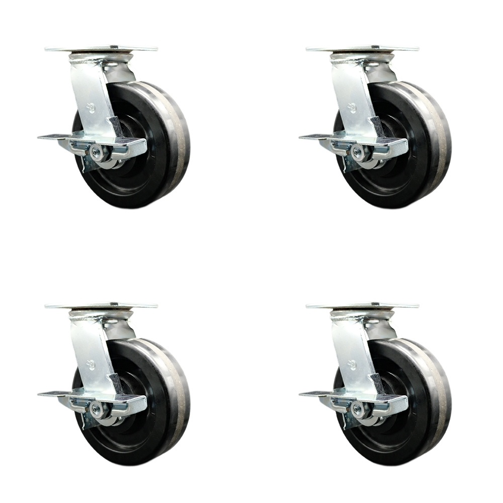 Heavy Duty Large Top Plate Phenolic Swivel Caster Set of 4 w/4" x 2" Black Wheels - Includes 4 Swivel w/Side Lck Brakes - 7,200 lbs Total Capacity - Series 55 - Service Caster Brand — photo 1