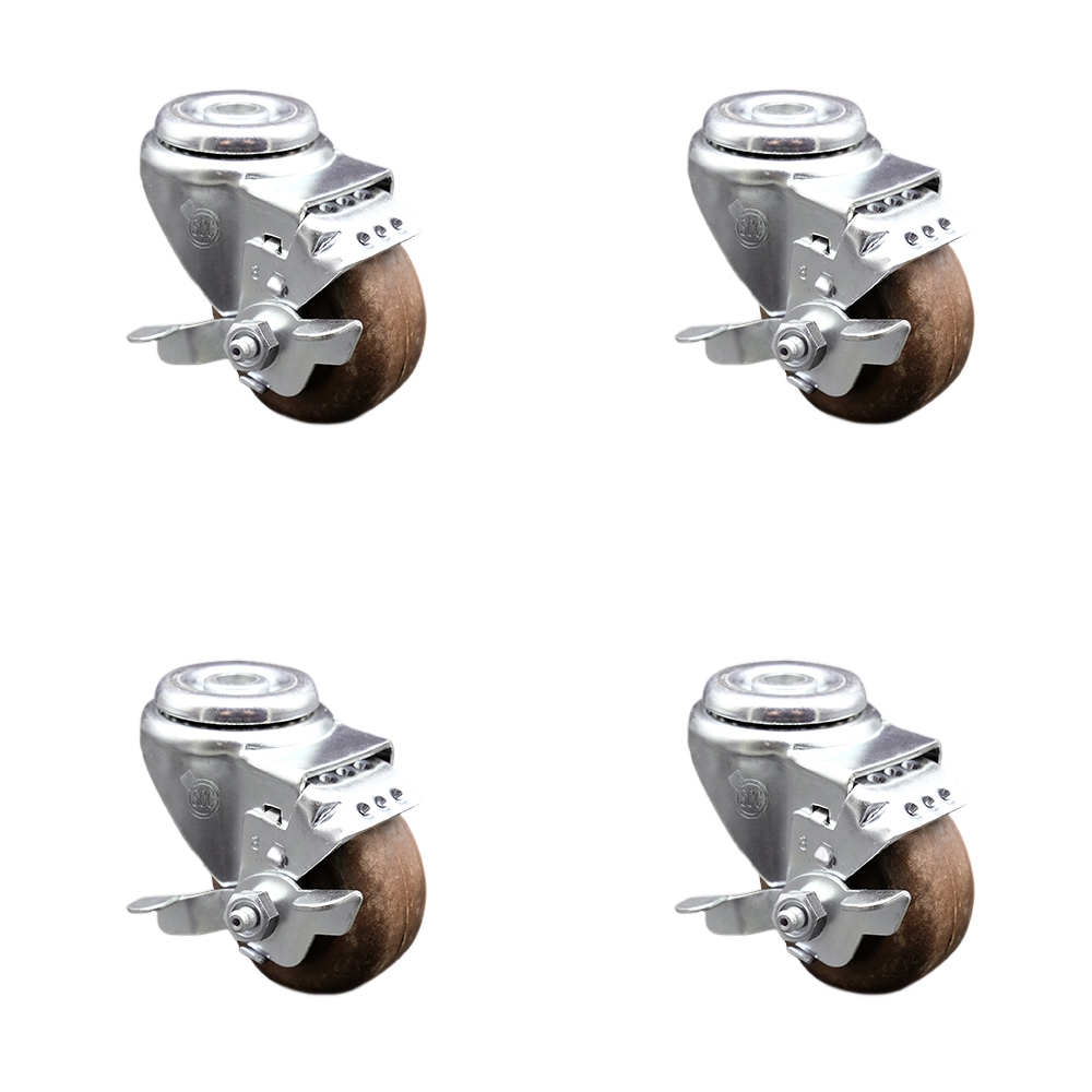 High Temp Glass Filled Nylon Swivel Bolt Hole Caster Set of 4 w/3" x 1.25" Brown Wheels - Includes 4 Swivel with Top Lock Brakes - 1400 lbs Total Capacity - Service Caster Brand — photo 1