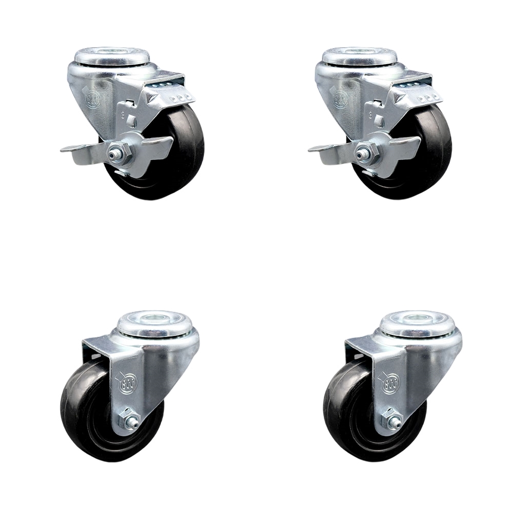 Hard Rubber Swivel Bolt Hole Caster Set of 4 w/3" x 1.25" Black Wheels - Includes 2 with Top Locking Brakes - 1100 lbs Total Capacity - Service Caster Brand — photo 1