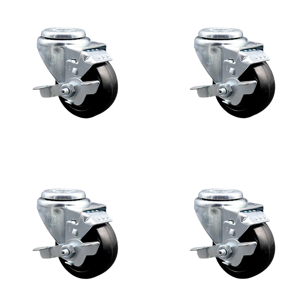 Hard Rubber Swivel Bolt Hole Caster Set of 4 w/3" x 1.25" Black Wheels - Includes 4 Swivel with Top Lock Brakes - 1100 lbs Total Capacity - Service Caster Brand — photo 1