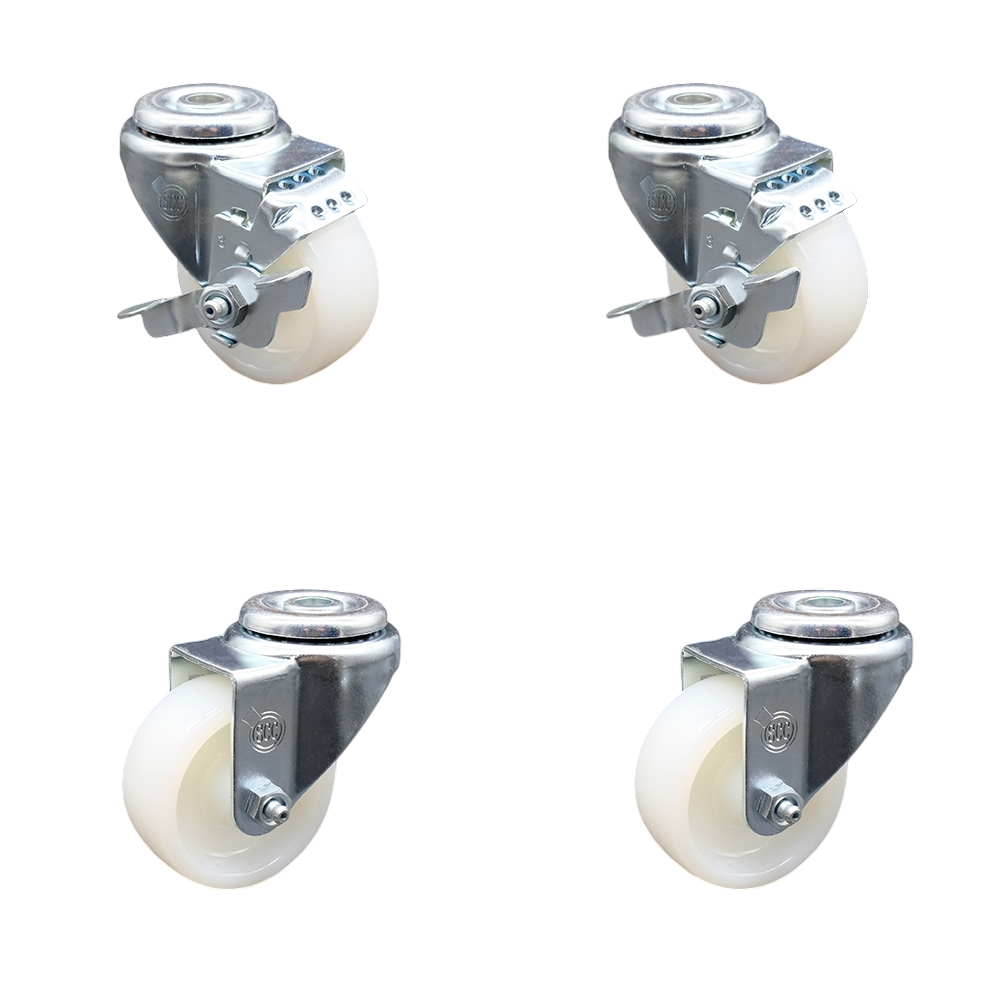 Nylon Swivel Bolt Hole Caster Set of 4 w/3" x 1.25" White Wheels - Includes 2 with Top Locking Brakes - 1200 lbs Total Capacity - Service Caster Brand — photo 1