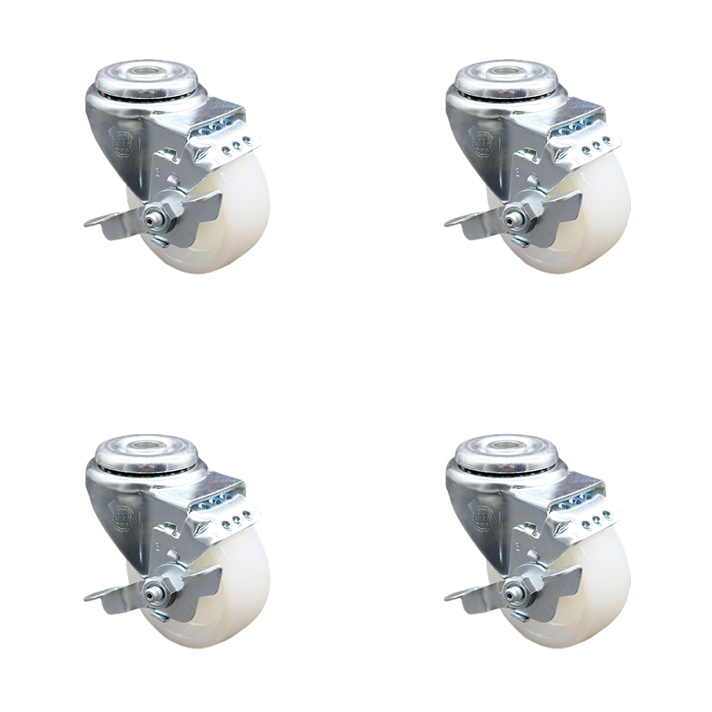 Nylon Swivel Bolt Hole Caster Set of 4 w/3" x 1.25" White Wheels - Includes 4 Swivel with Top Lock Brakes - 1200 lbs Total Capacity - Service Caster Brand — photo 1