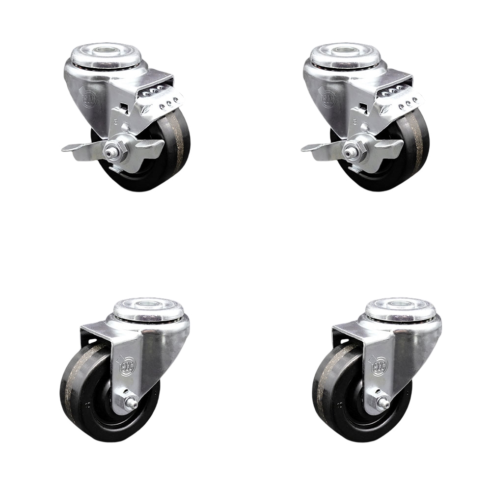 Phenolic Swivel Bolt Hole Caster Set of 4 w/3" x 1.25" Black Wheels - Includes 2 with Top Locking Brakes - 1200 lbs Total Capacity - Service Caster Brand — photo 1