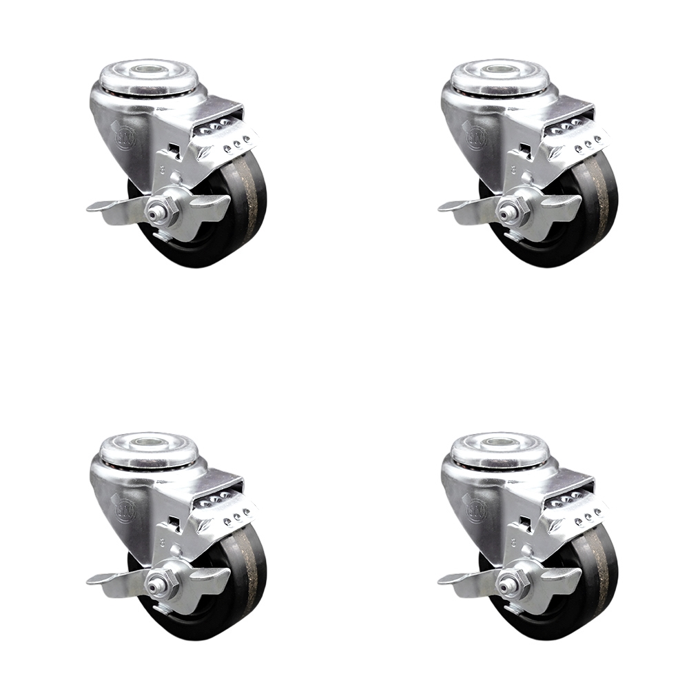 Phenolic Swivel Bolt Hole Caster Set of 4 w/3" x 1.25" Black Wheels - Includes 4 Swivel with Top Lock Brakes - 1200 lbs Total Capacity - Service Caster Brand — photo 1
