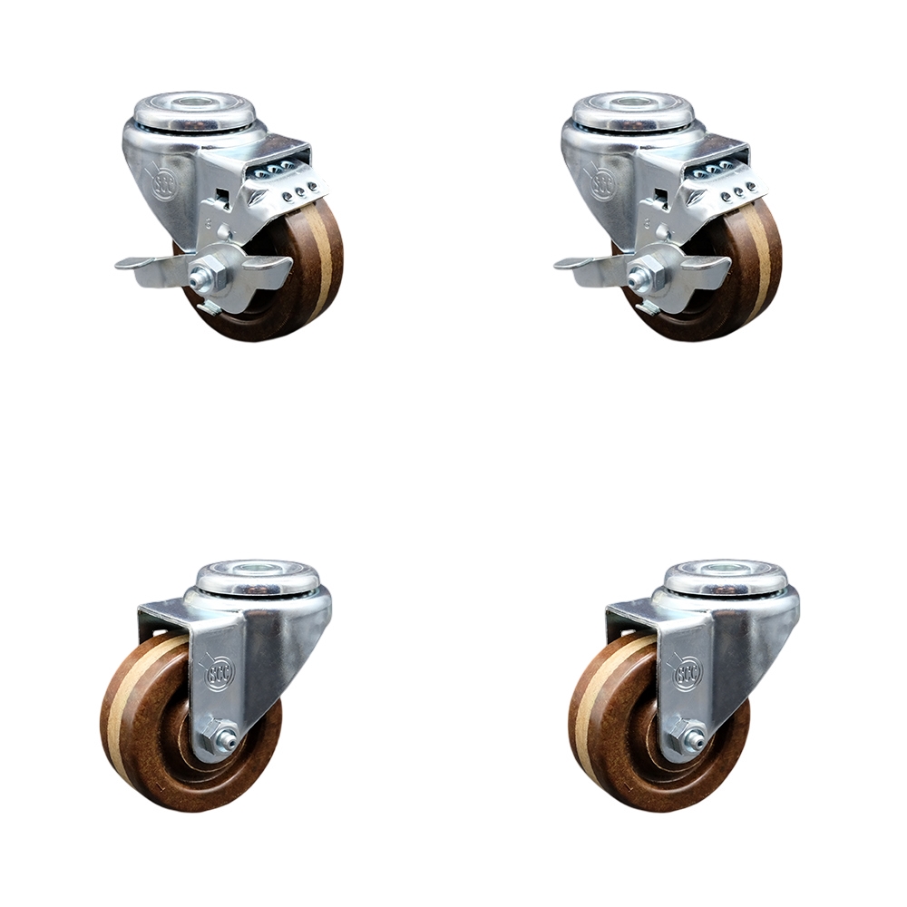 High Temperature Phenolic Swivel Bolt Hole Caster Set of 4 - 3" x 1.25" Brown Wheels - Includes 2 with Top Locking Brakes - 1200 lbs Total Capacity - Service Caster Brand — photo 1