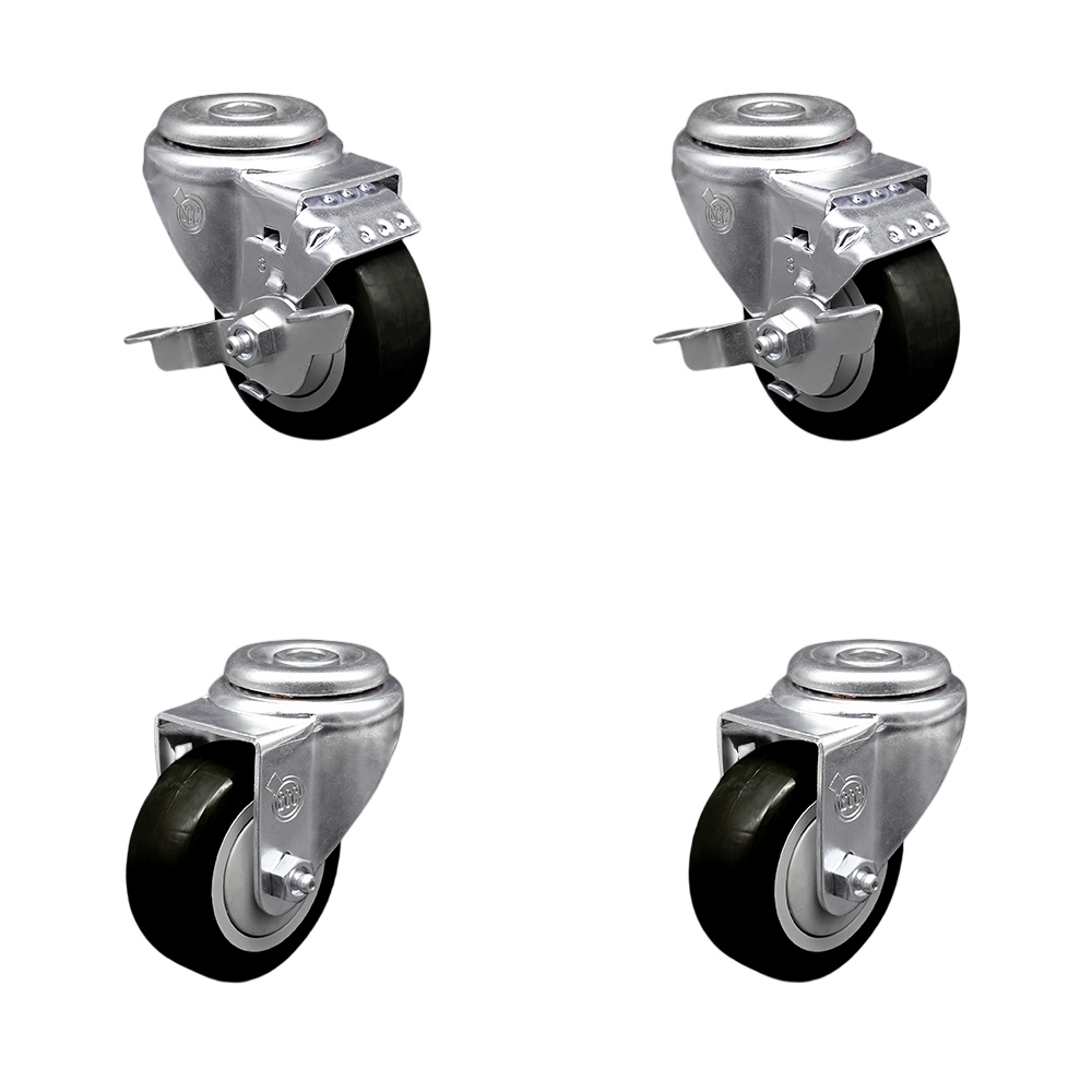 Polyurethane Swivel Bolt Hole Caster Set of 4 w/3" x 1.25"  Black Wheels - Includes 2 with Top Locking Brakes - 1200 lbs Total Capacity - Service Caster Brand — photo 1