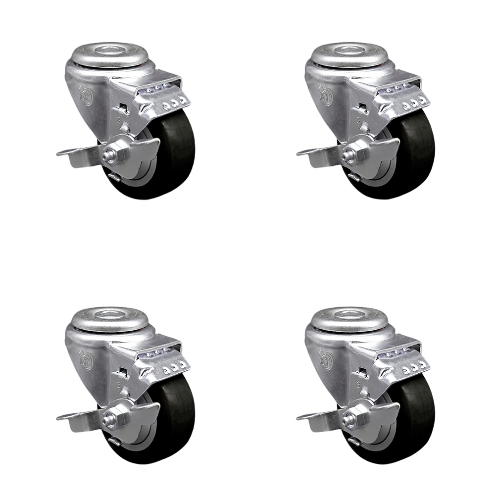 Polyurethane Swivel Bolt Hole Caster Set of 4 w/3" x 1.25" Black Wheels - Includes 4 Swivel with Top Lock Brakes - 1200 lbs Total Capacity - Service Caster Brand — photo 1