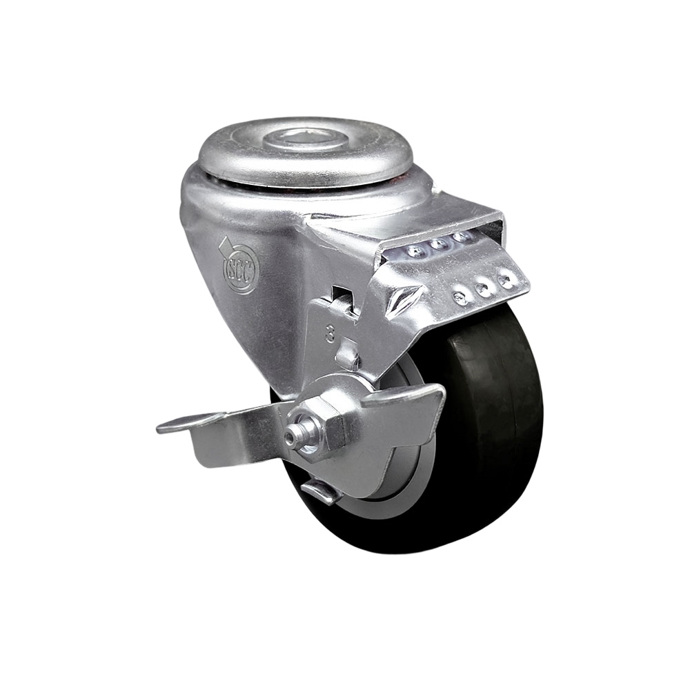3" Swivel Caster with 1/2" Bolt Hole, Black Polyurethane Wheel and Brake - 300 lbs Capacity - Service Caster Brand — photo 1