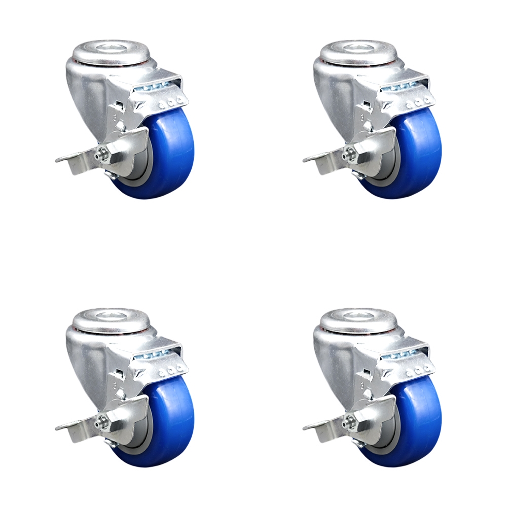 Polyurethane Swivel Bolt Hole Caster Set of 4 w/3" x 1.25" Blue Wheels - Includes 4 Swivel with Top Lock Brakes - 1200 lbs Total Capacity - Service Caster Brand — photo 1